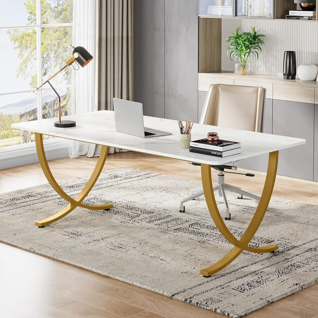 63” Large White and Gold Office Desk J67901