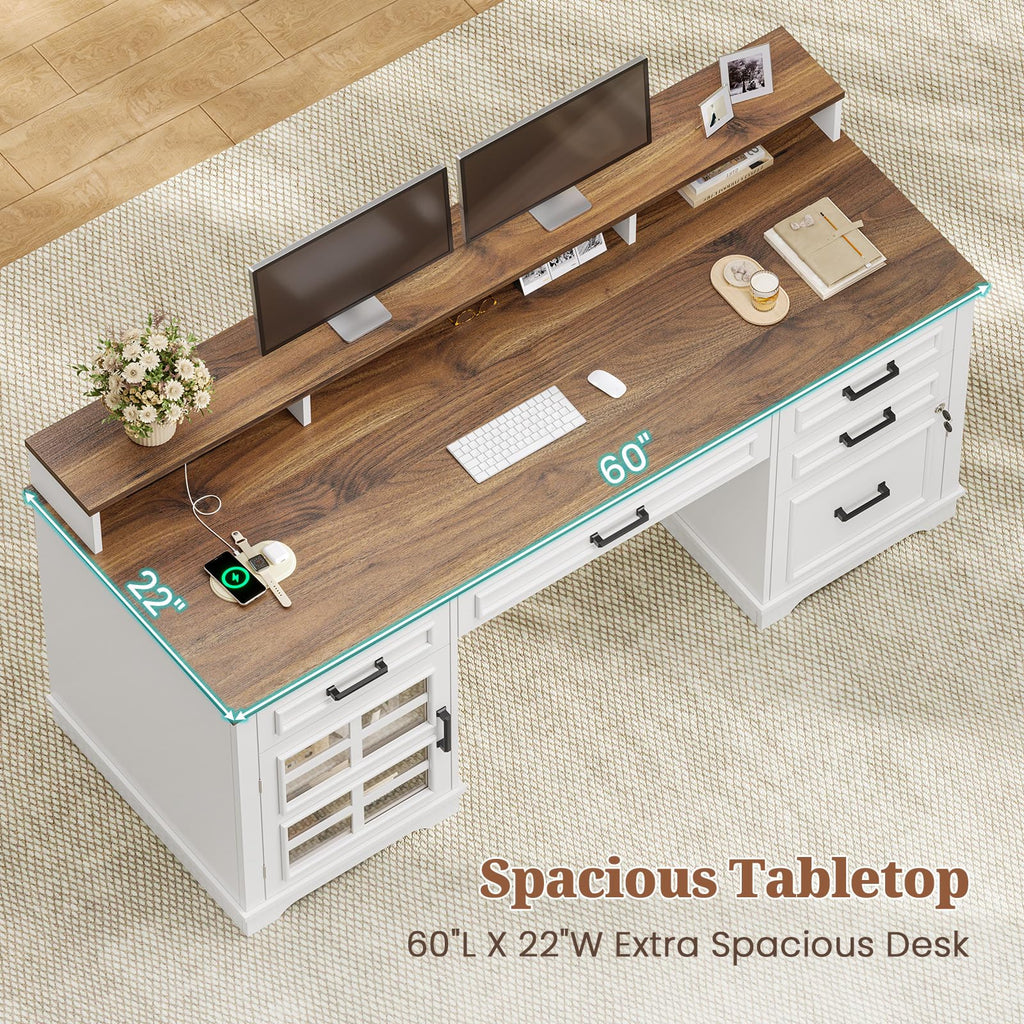 White Wood Executive Desk with Drawers and Storage Cabinet B812143