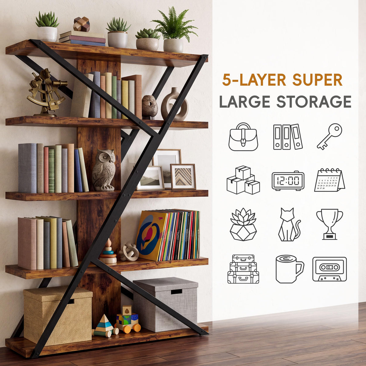5-Tier Wood and Metal Bookcase P4774