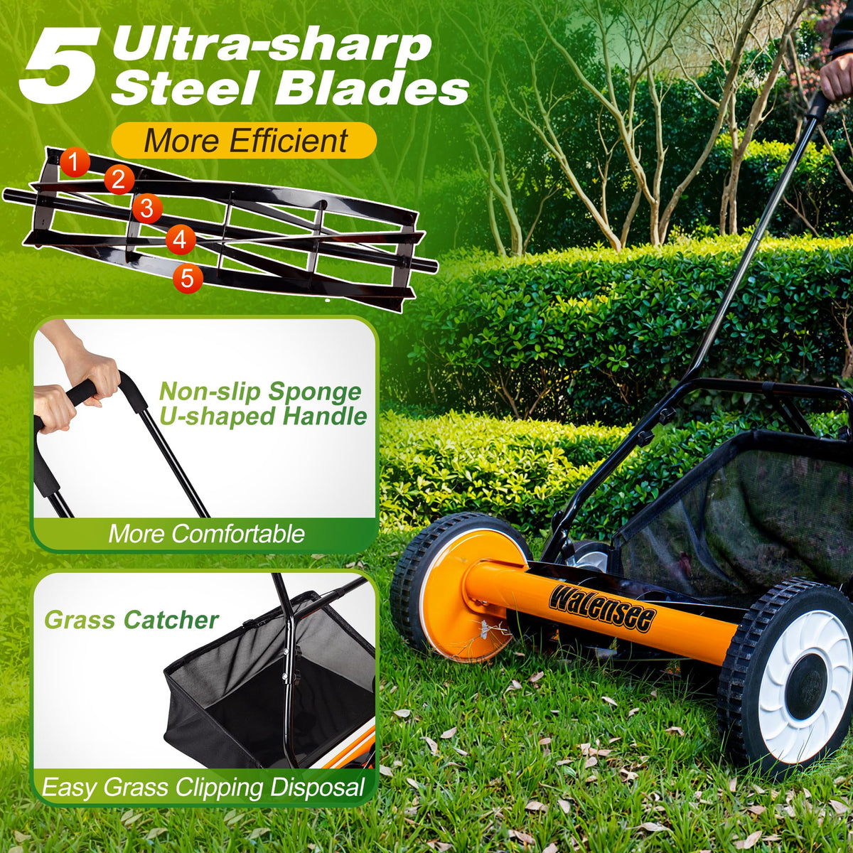 20-Inch 5-Blade Manual Reel Lawn Mower with Grass Catcher E161